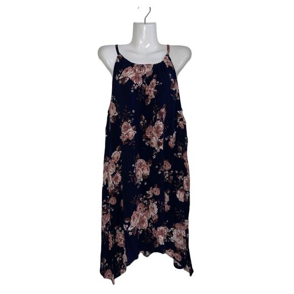 Maurices Dresses & Skirts - Maurices Navy Blue Pink Floral Halter Neck Mini Dress Xl Pockets Hanky Hemline